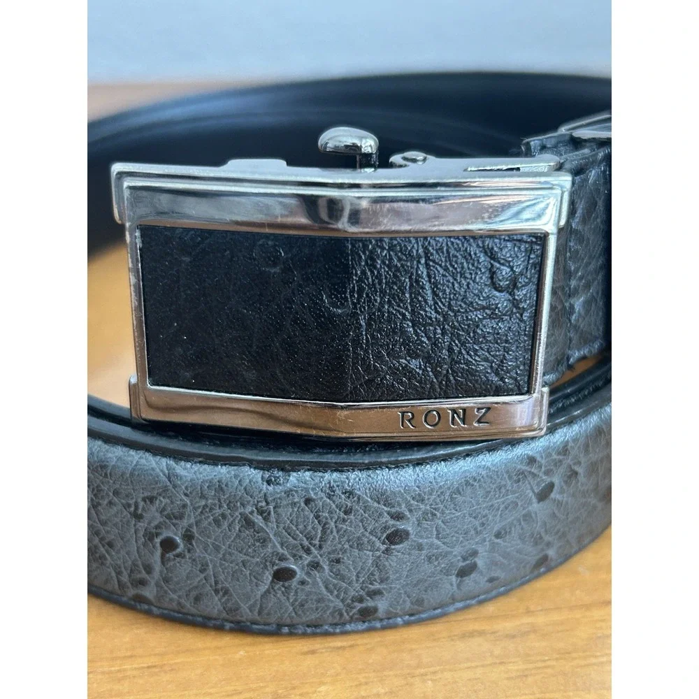 RONZ Black Leather Belt With Silver Automatic Buckle 40in‎ Luxury And Quality
